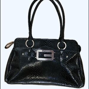 GUESS Black Faux-Snake Satchel with Silver Plaque